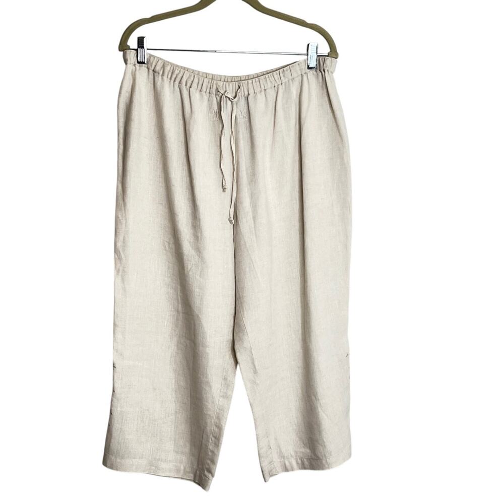 Caribbean Joe Linen Pants PL Petite Large Beige Embroidered Pull-On Cropped